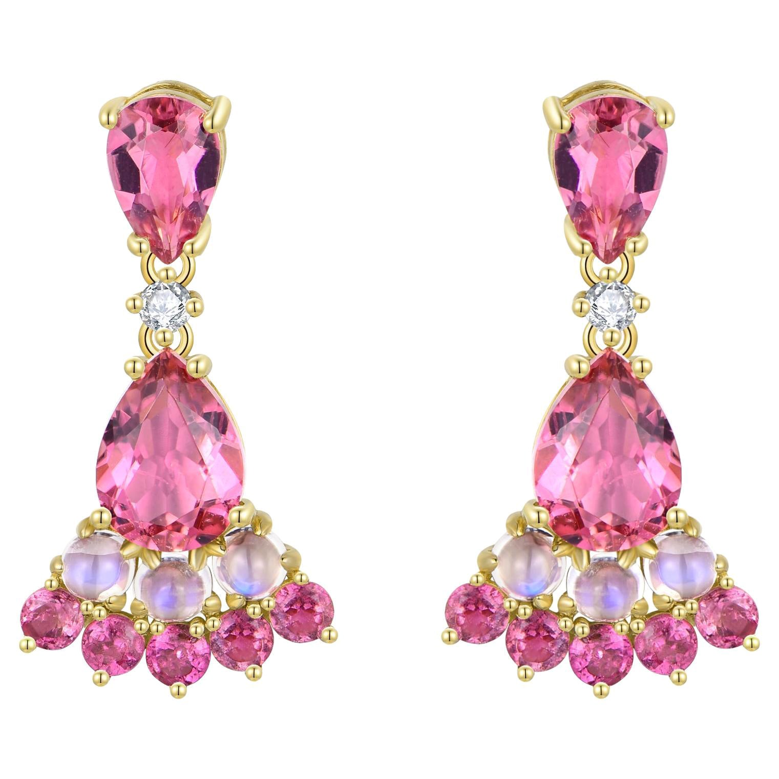Nina Zhou - Pendants d'oreilles en tourmaline rose, pierre de lune et diamant de 2,74ctw en vente