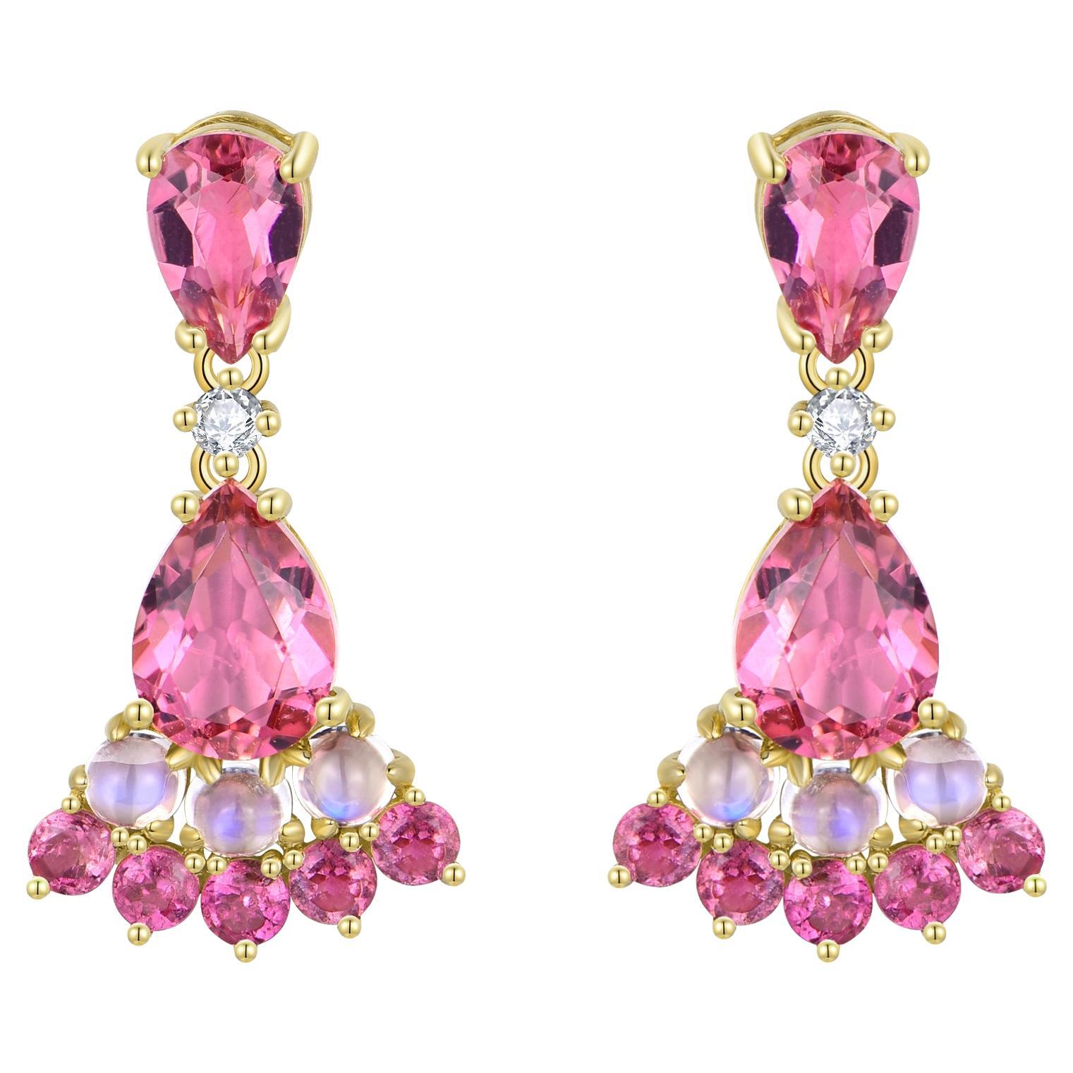 Nina Zhou - Pendants d'oreilles en tourmaline rose, pierre de lune et diamant de 2,74ctw