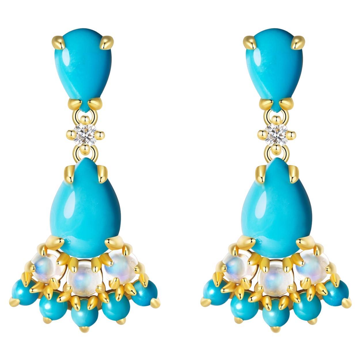Nina Zhou 3.14ctw Sleeping Beauty Turquoise Moonstone Diamond Drop Earrings