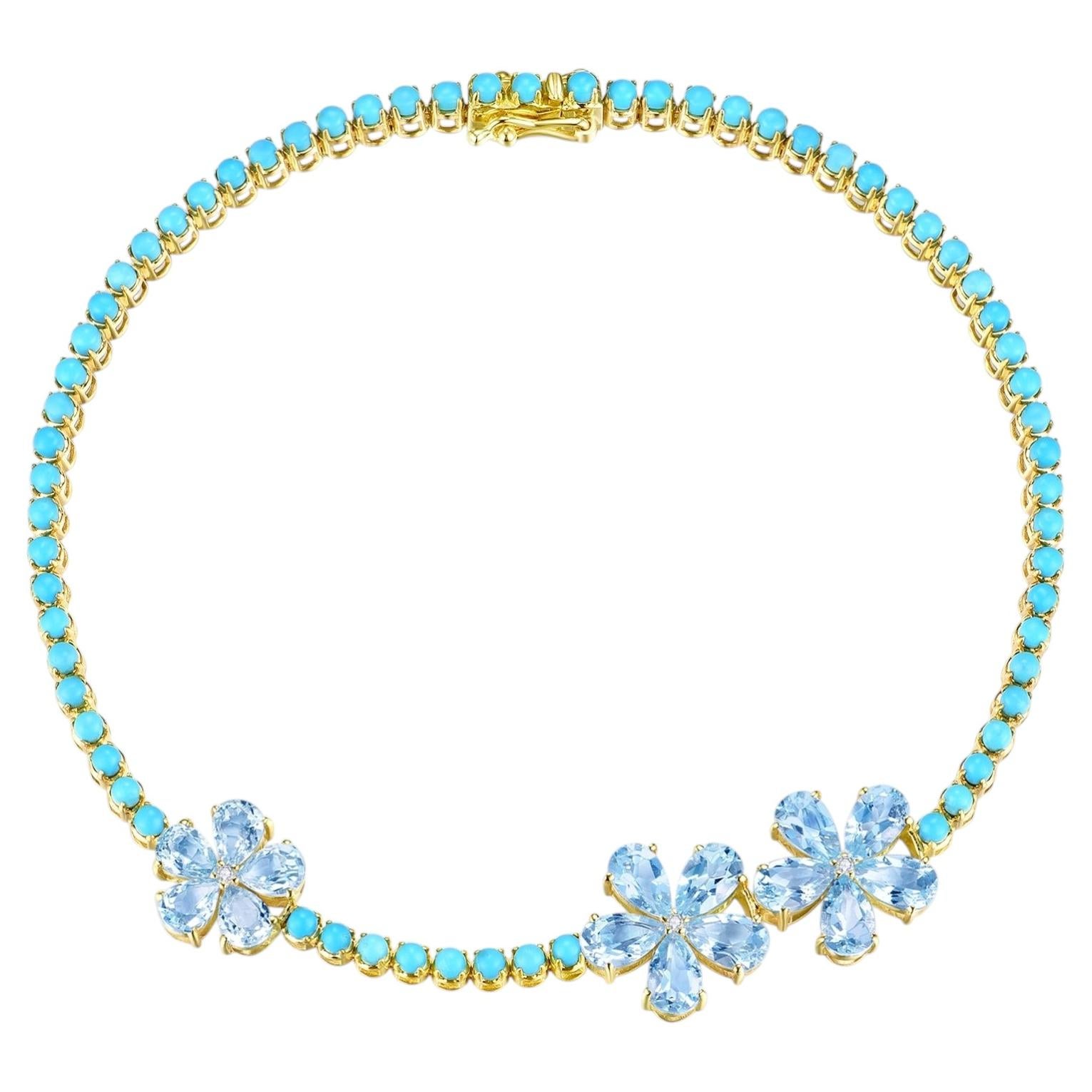 Nina Zhou, bracciale con acquamarina da 3,75 carati totali, turchese “Sleeping Beauty” e fiori di diamanti
