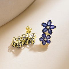 Nina Zhou - Boucles d'oreilles double fleur en saphir bleu et diamant 4.92ctw