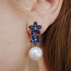 Nina Zhou 4.92ctw Blue Sapphire Diamond Pearl Convertible Blossom Drop Earrings