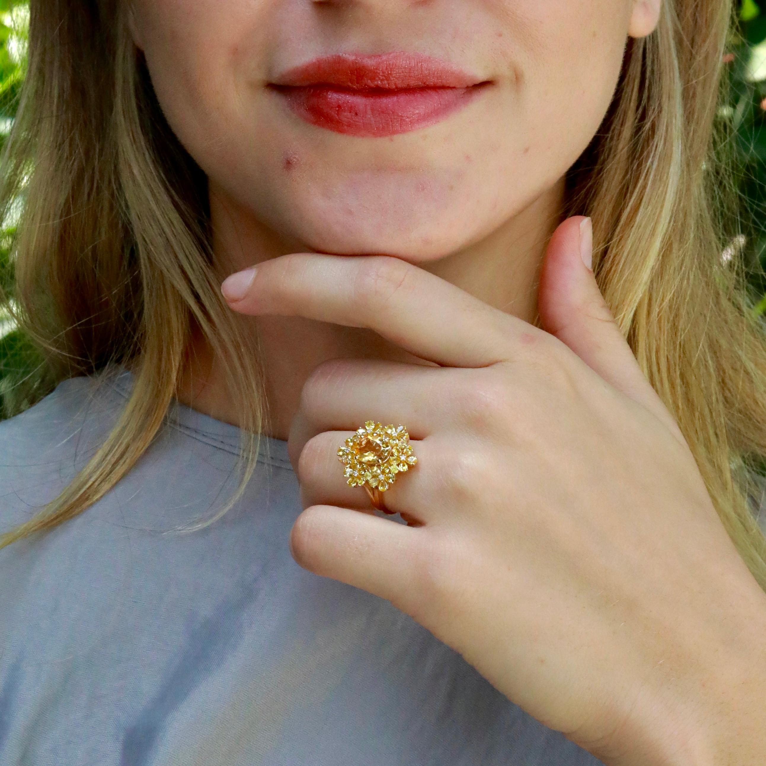 Nina Zhou 5,06ctw Gelb Saphir Citrin Diamant Blüte Cocktail Ring Damen im Angebot