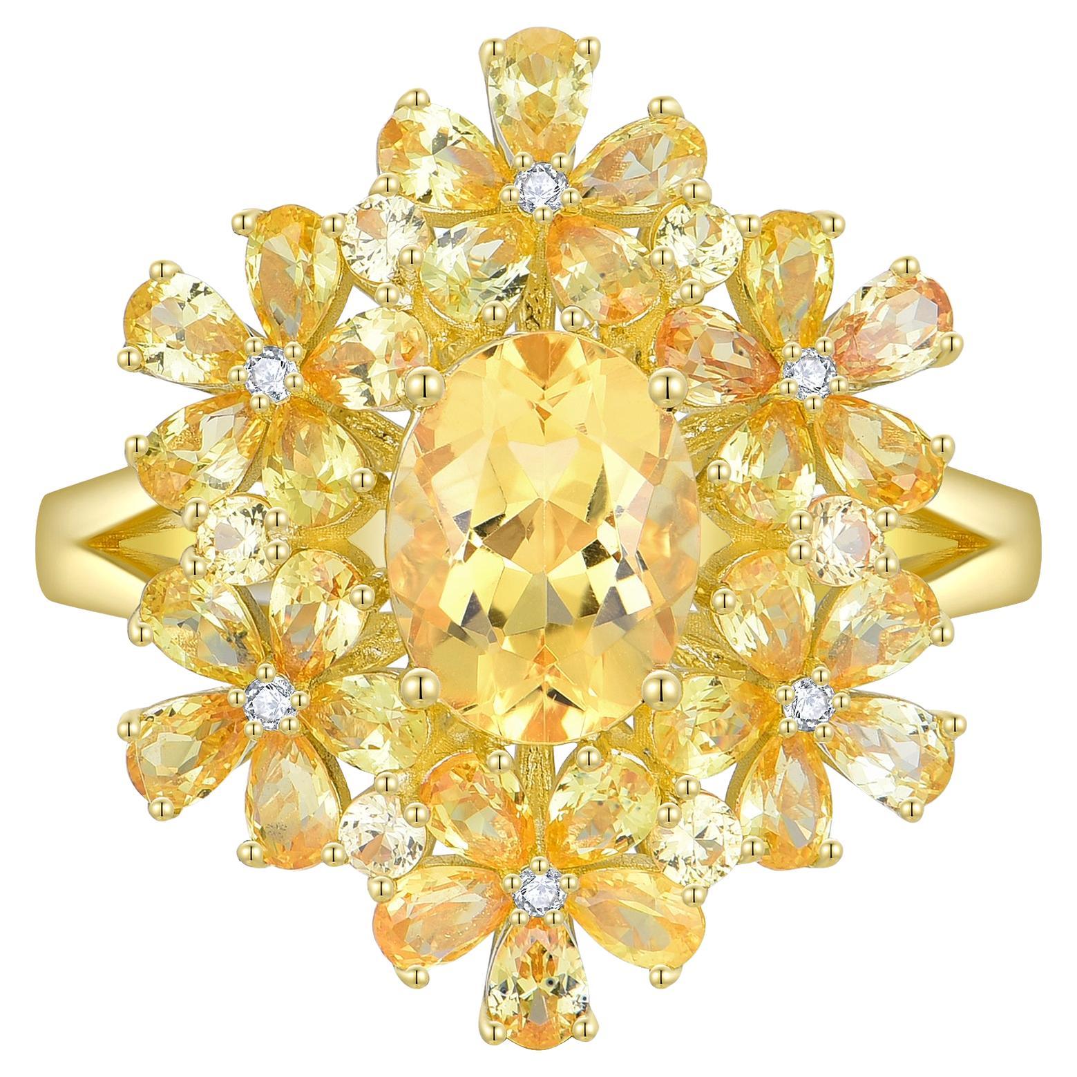 Nina Zhou 5,06ctw Gelb Saphir Citrin Diamant Blüte Cocktail Ring im Angebot