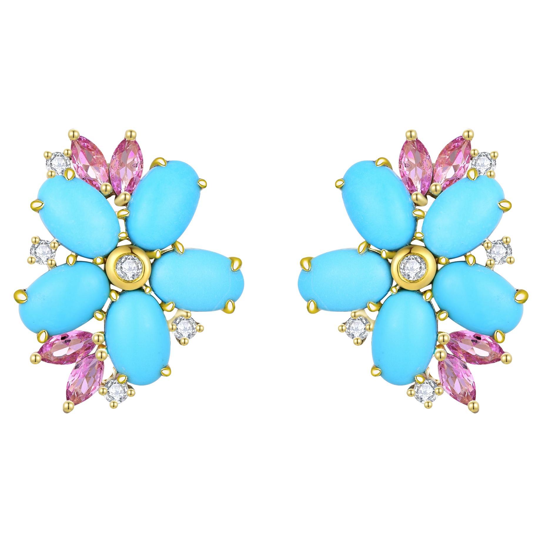 Nina Zhou 5,19ctw Türkis, Rosa Saphir und Diamant Blossom Ohrringe