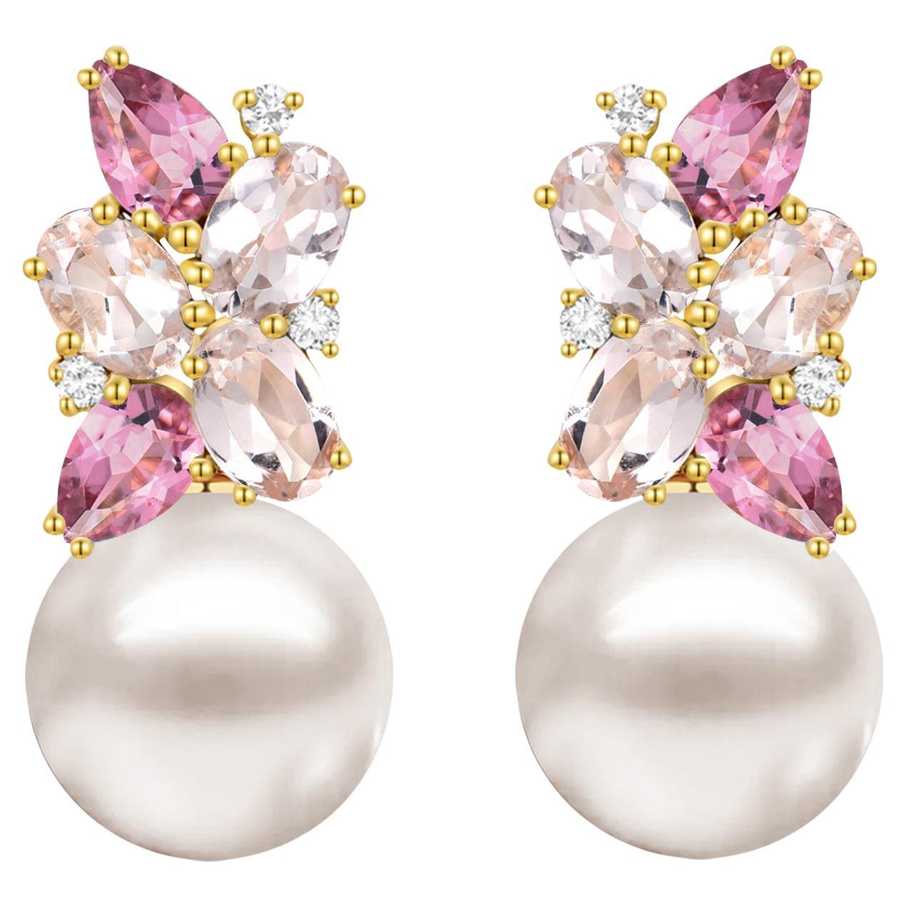 Nina Zhou 5.30 ctw Morganite, Pink Tourmaline and Diamond Pearl Drop Earrings