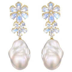 Nina Zhou 5.72ctw Moonstone Diamond Double Blossom Baroque Pearl Drop Earrings