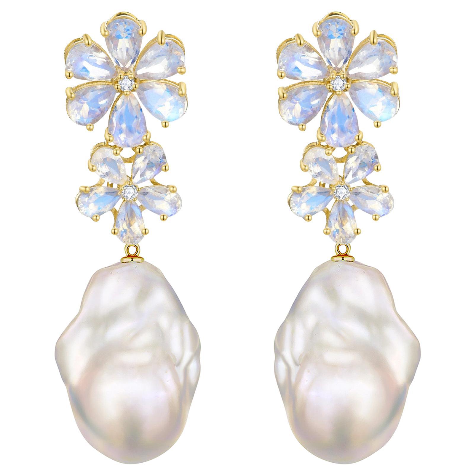 Nina Zhou Orecchini a goccia di perle barocche con diamante e pietra di luna da 5,72 ct.