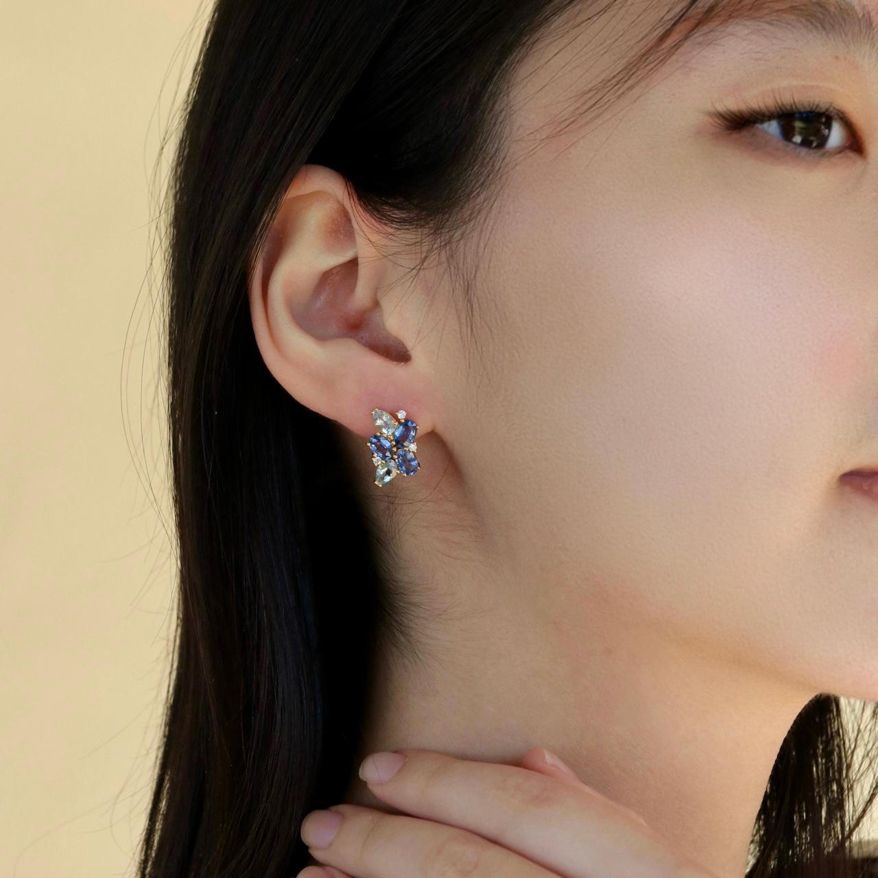 Nina Zhou - Pendants d'oreilles en saphir, aigue-marine, diamant et grappe de perles de 5,80ctw en vente 4