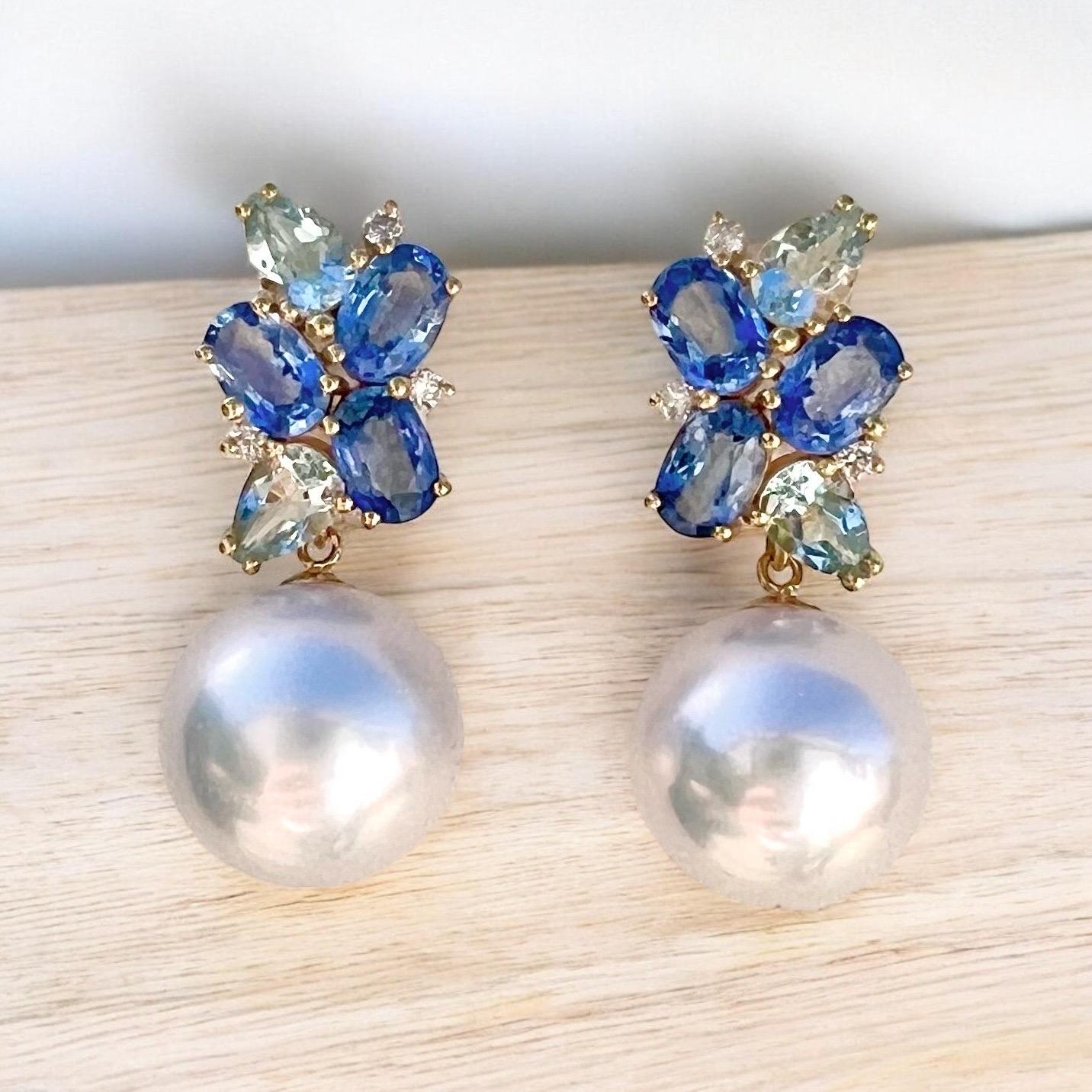 Nina Zhou - Pendants d'oreilles en saphir, aigue-marine, diamant et grappe de perles de 5,80ctw Neuf - En vente à Rowland Heights, CA