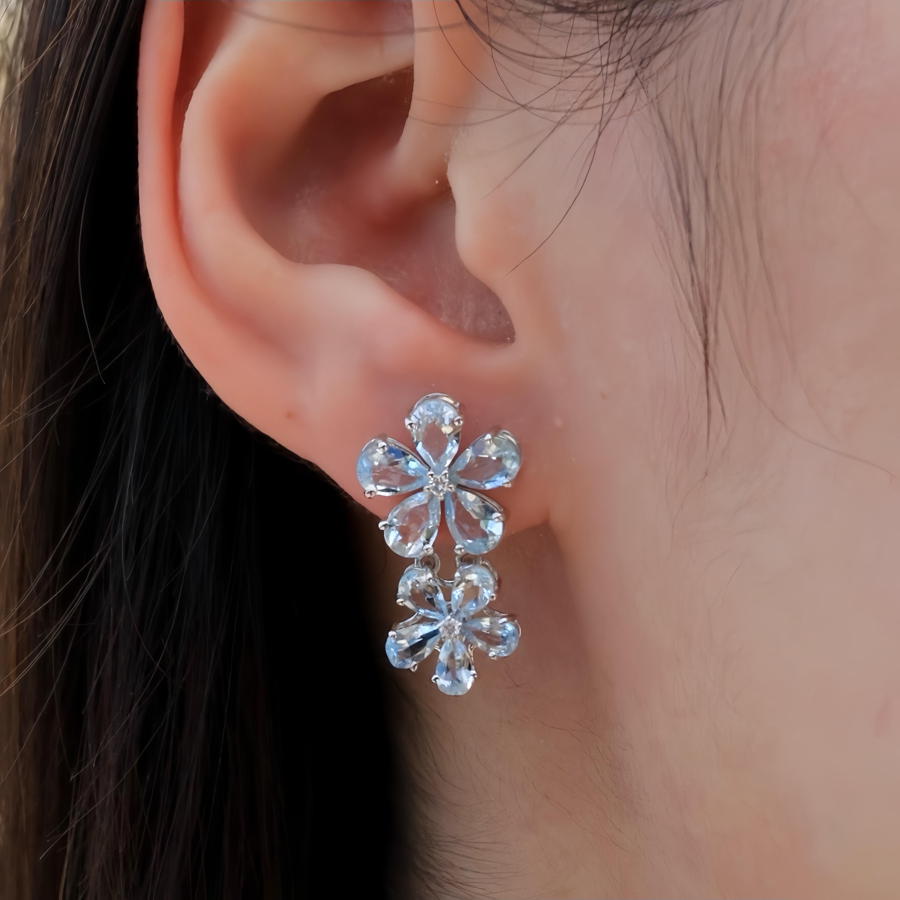 Nina Zhou - Boucles d'oreilles double fleur avec aigue-marine et diamant 5.92 ctw Neuf - En vente à Rowland Heights, CA