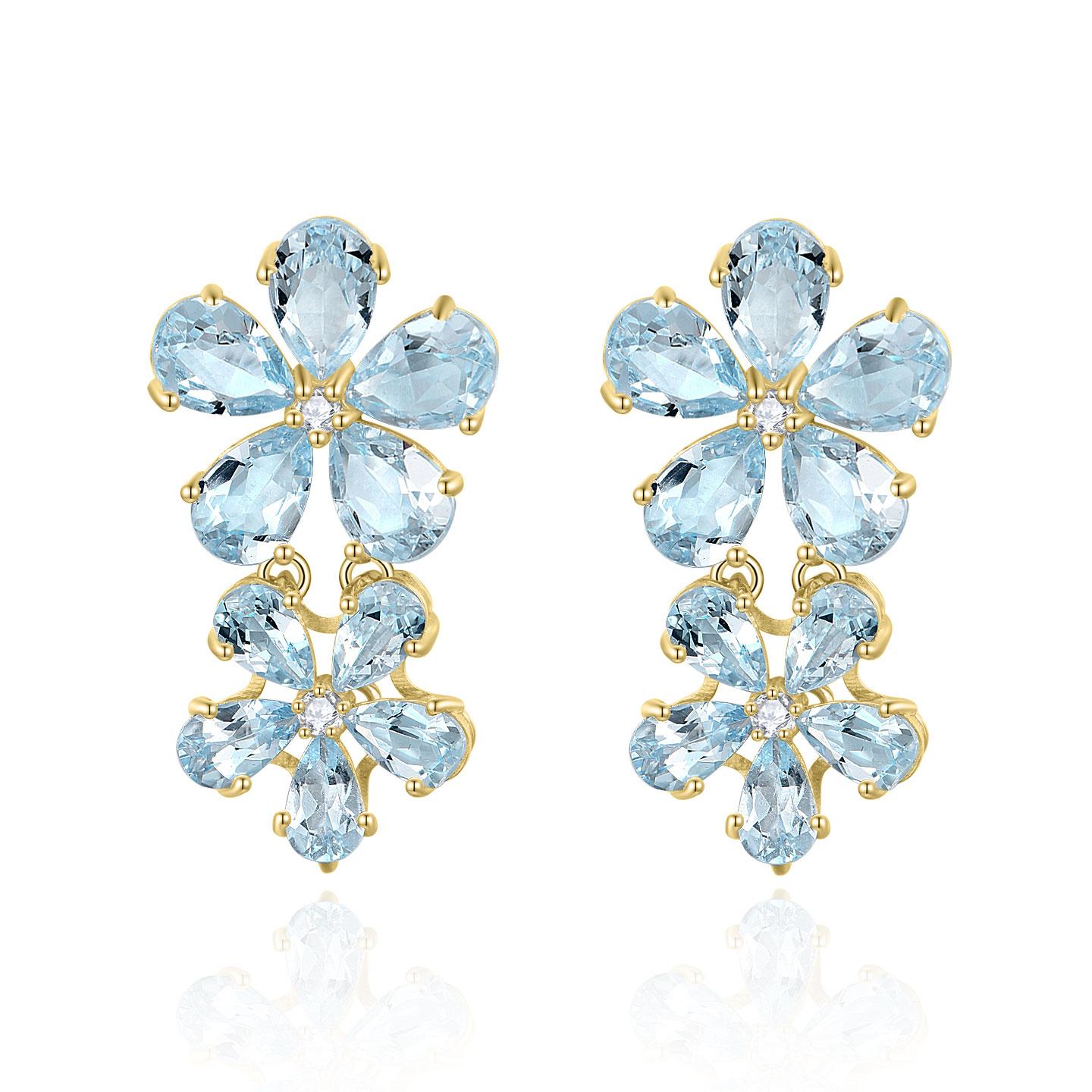 Nina Zhou - Boucles d'oreilles double fleur avec aigue-marine et diamant 5.92 ctw en vente 2