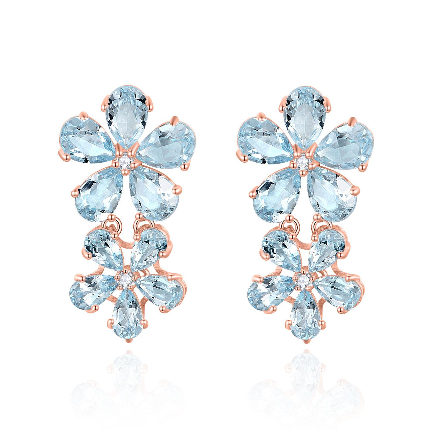 Nina Zhou - Boucles d'oreilles double fleur avec aigue-marine et diamant 5.92 ctw en vente 3