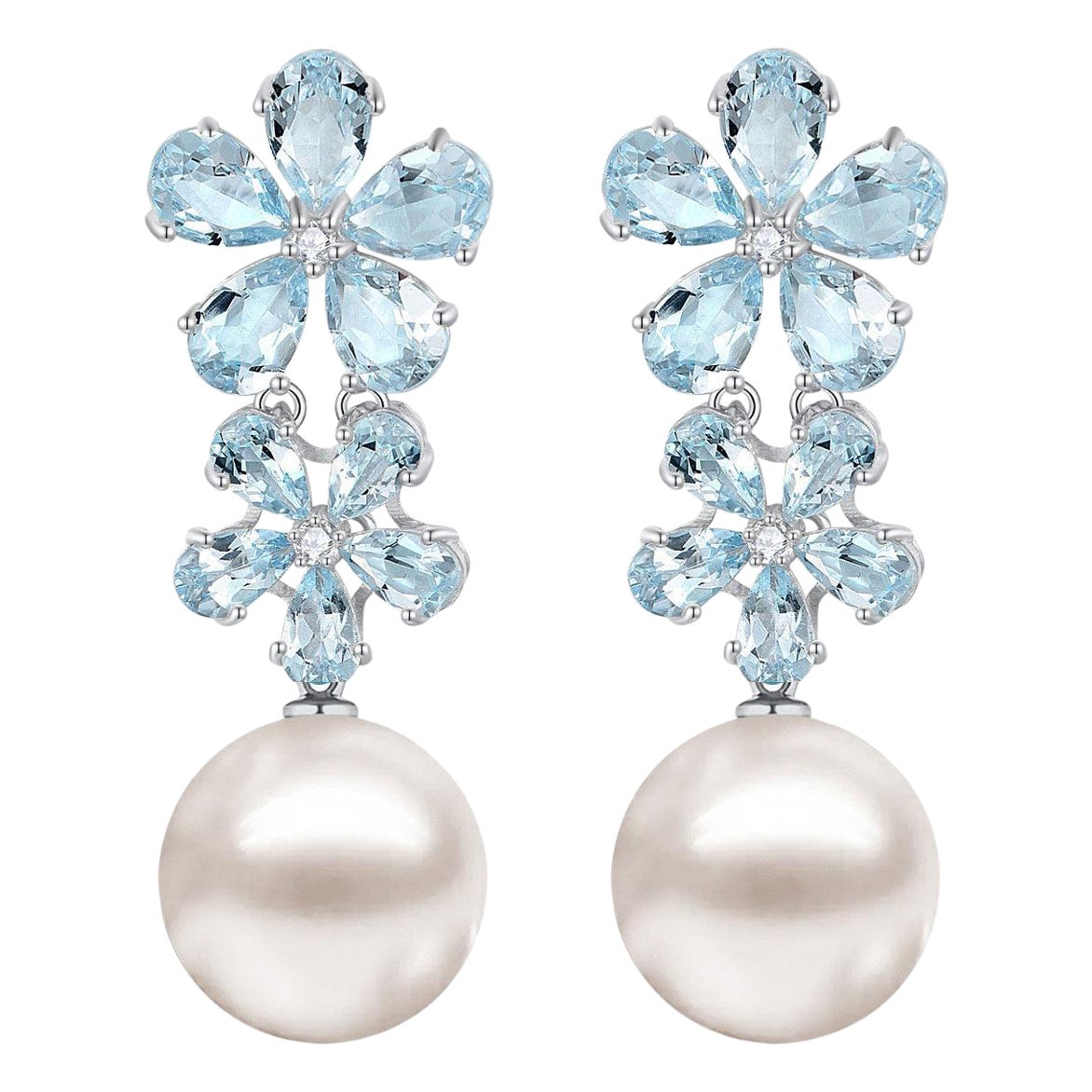 Pendientes de gota convertibles Nina Zhou 5,92 ctw Aguamarina Diamante Flor Perla
