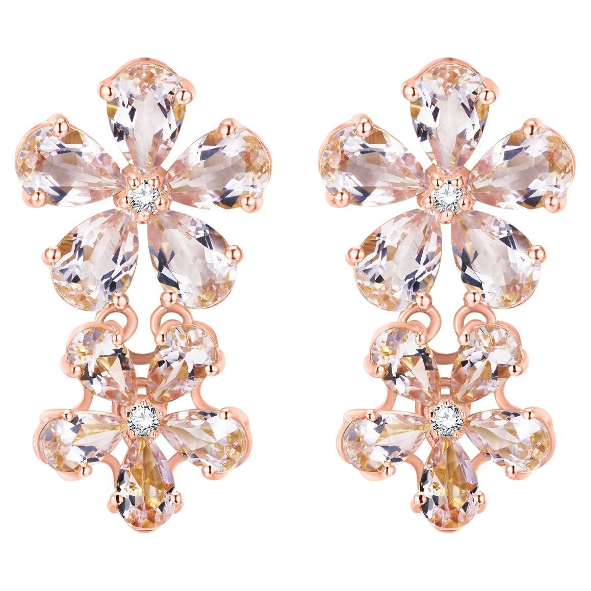 Nina Zhou 5.92ctw Pink Morganite Diamond Double Blossom Drop Earrings For Sale