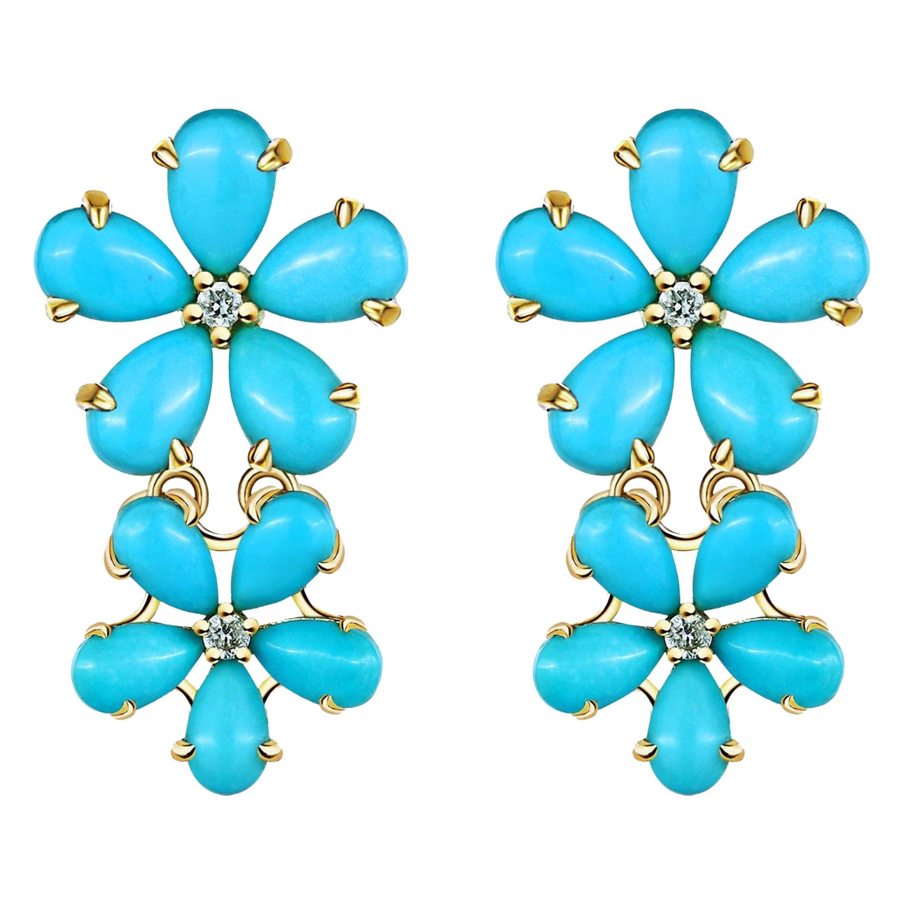 Nina Zhou 6.12ctw Natural Turquoise Diamond Double Blossom Drop Earrings