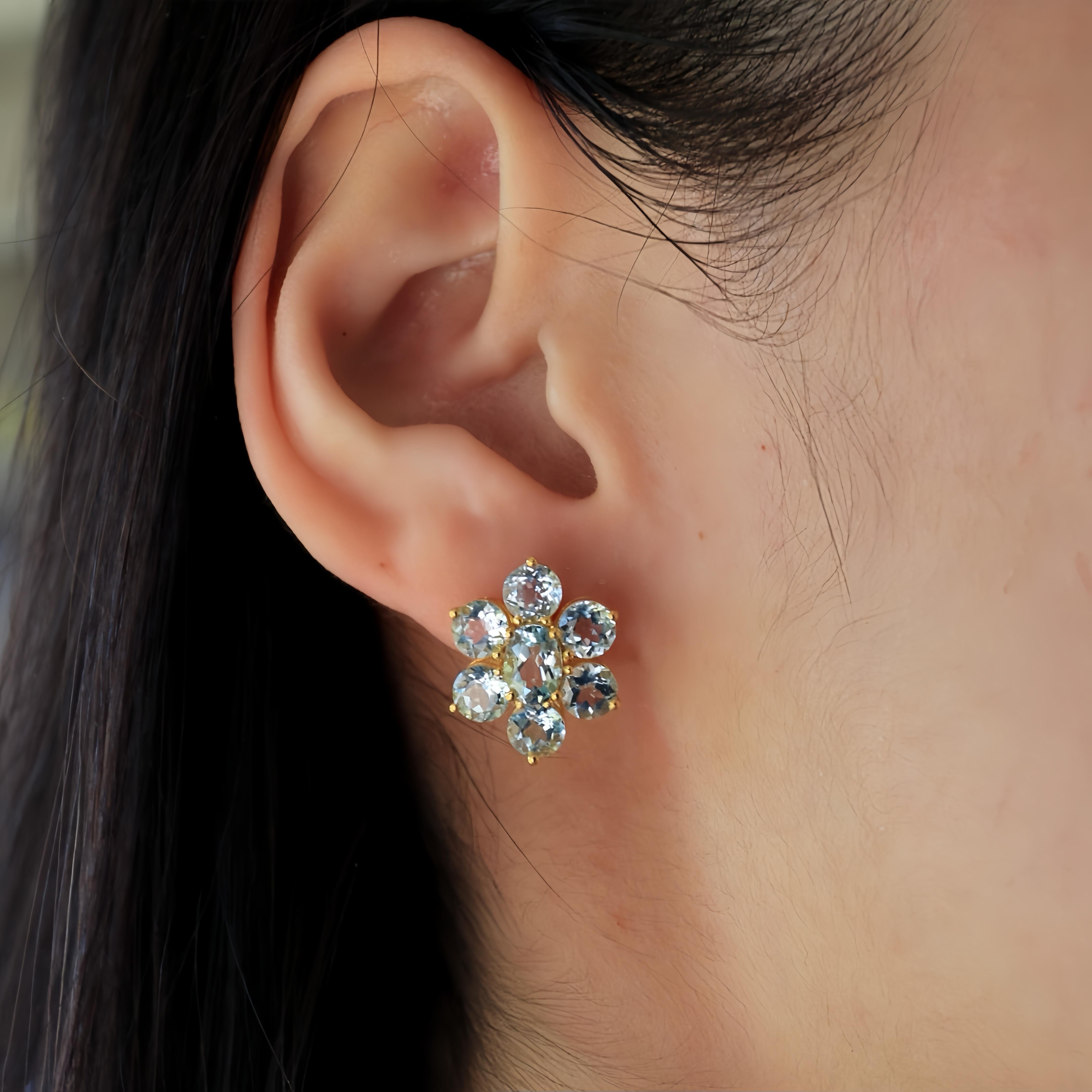 Nina Zhou's 7.00ct Aquamarine Cluster Earrings, crafted in 14k yellow gold. Each earring was made with magnificent aquamarine, celebrated for its vibrant, oceanic blue that captures the essence of tranquil seas. Surrounding the central gem are
