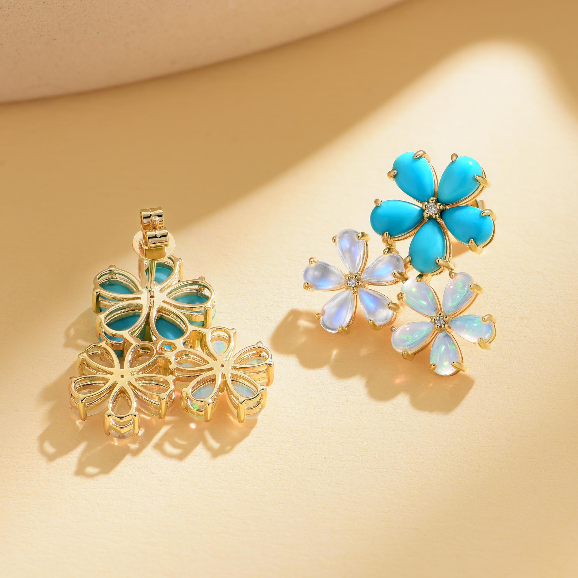 Moderne Boucles d'oreilles Nina Zhou 7.02 ctw Turquoise Moonstone Opal Diamond Flower Blossom en vente
