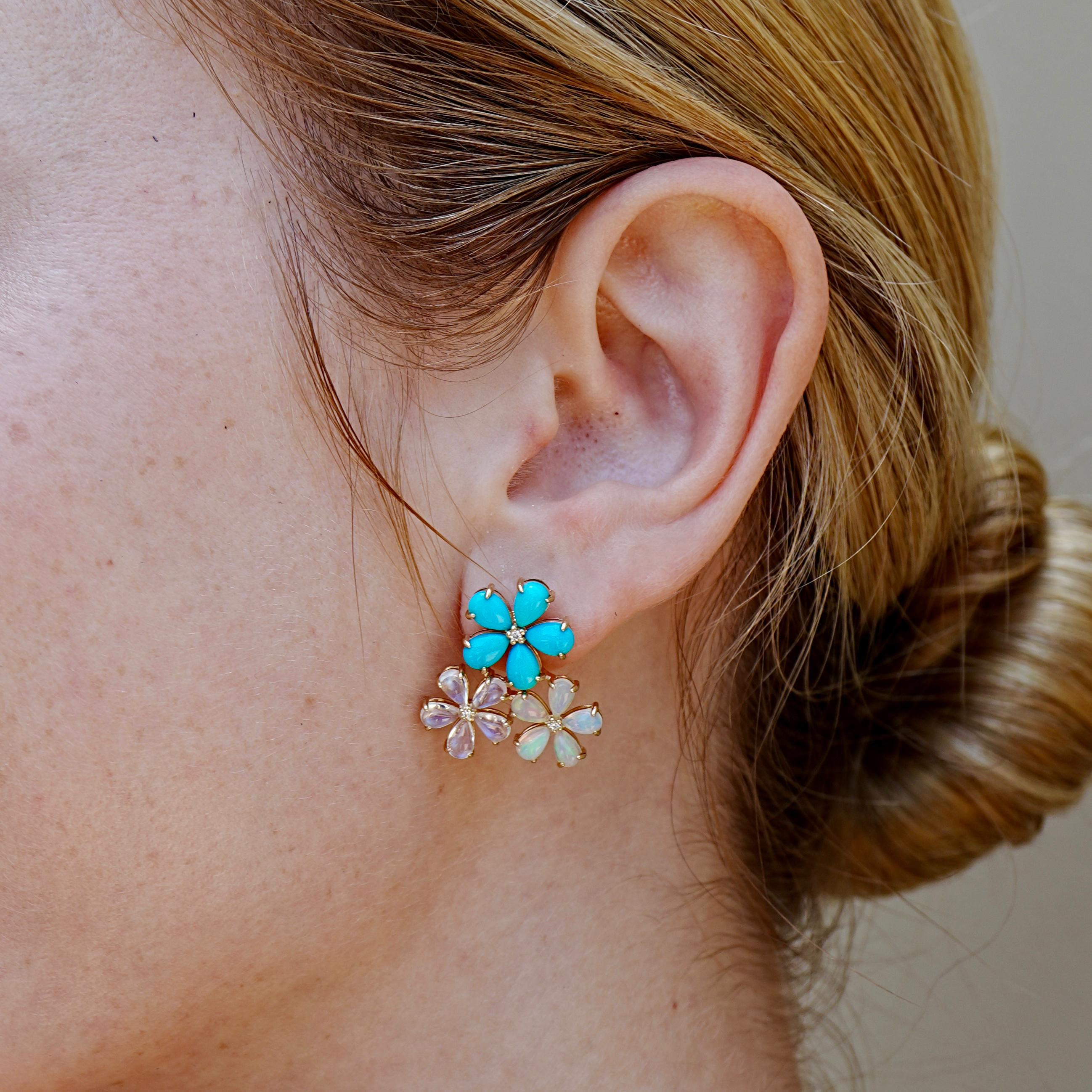 Taille poire Boucles d'oreilles Nina Zhou 7.02 ctw Turquoise Moonstone Opal Diamond Flower Blossom en vente