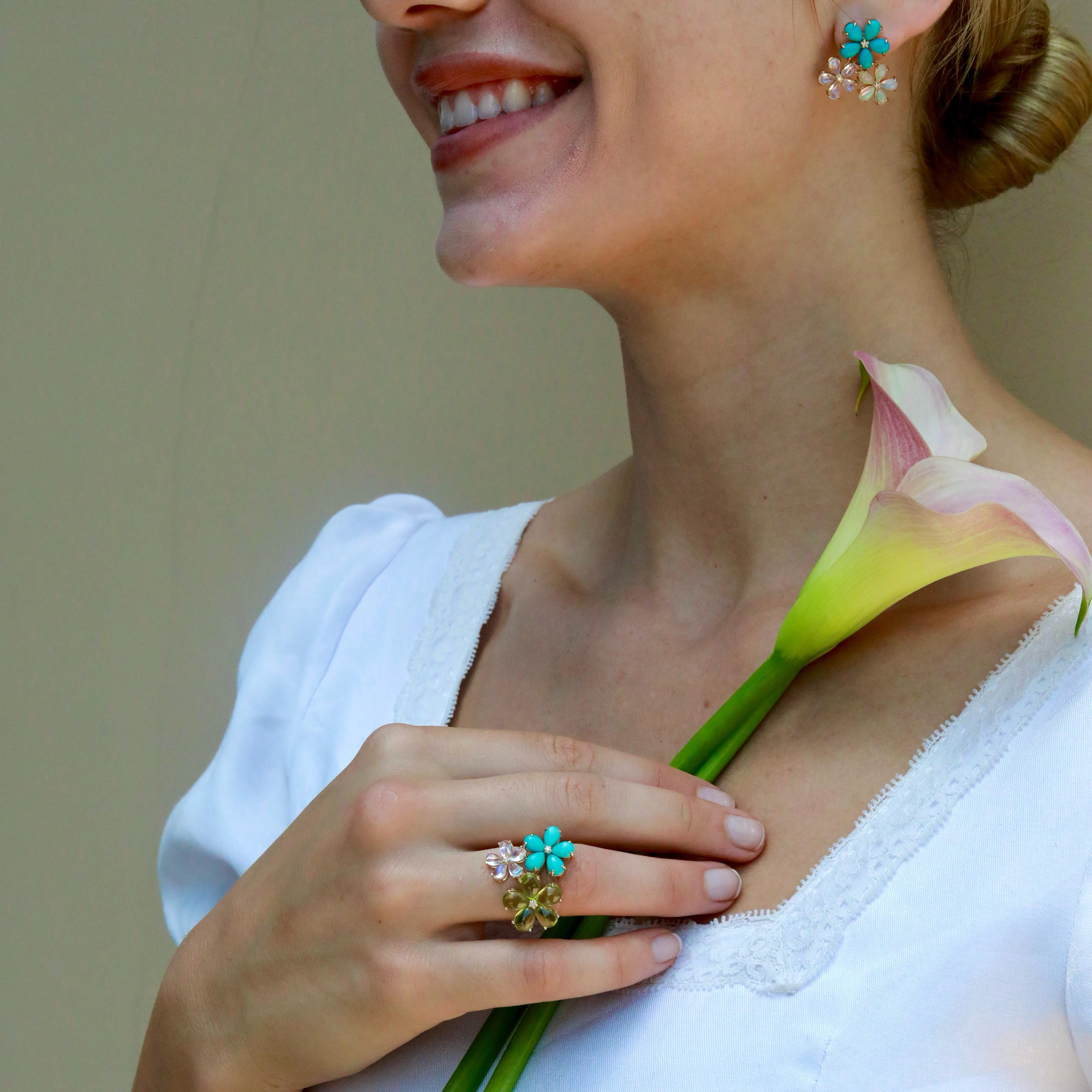 Boucles d'oreilles Nina Zhou 7.02 ctw Turquoise Moonstone Opal Diamond Flower Blossom Neuf - En vente à Rowland Heights, CA