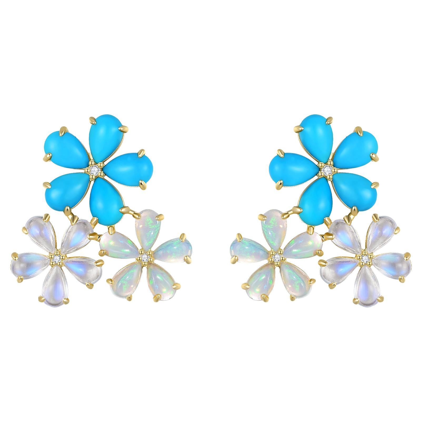 Boucles d'oreilles Nina Zhou 7.02 ctw Turquoise Moonstone Opal Diamond Flower Blossom