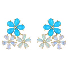 Nina Zhou 7.02 ctw Turquoise Moonstone Opal Diamond Flower Blossom Earrings