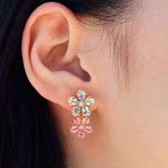 Nina Zhou 7.12ctw Aquamrine Pink Sapphire Diamond Double Blossom Drop Earrings