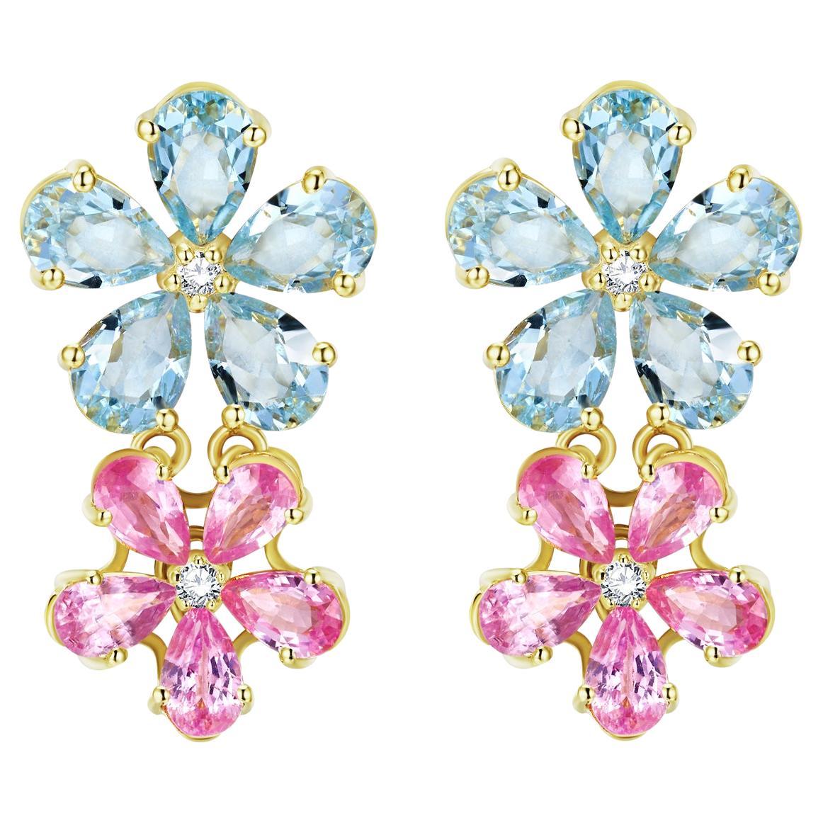 Nina Zhou 7.12ctw Aquamrine Pink Sapphire Diamond Double Blossom Drop Earrings en vente
