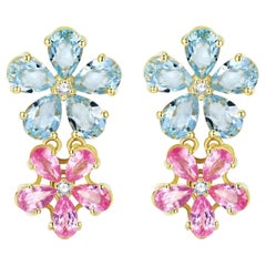 Nina Zhou 7.12ctw Aquamrine Pink Sapphire Diamond Double Blossom Drop Earrings