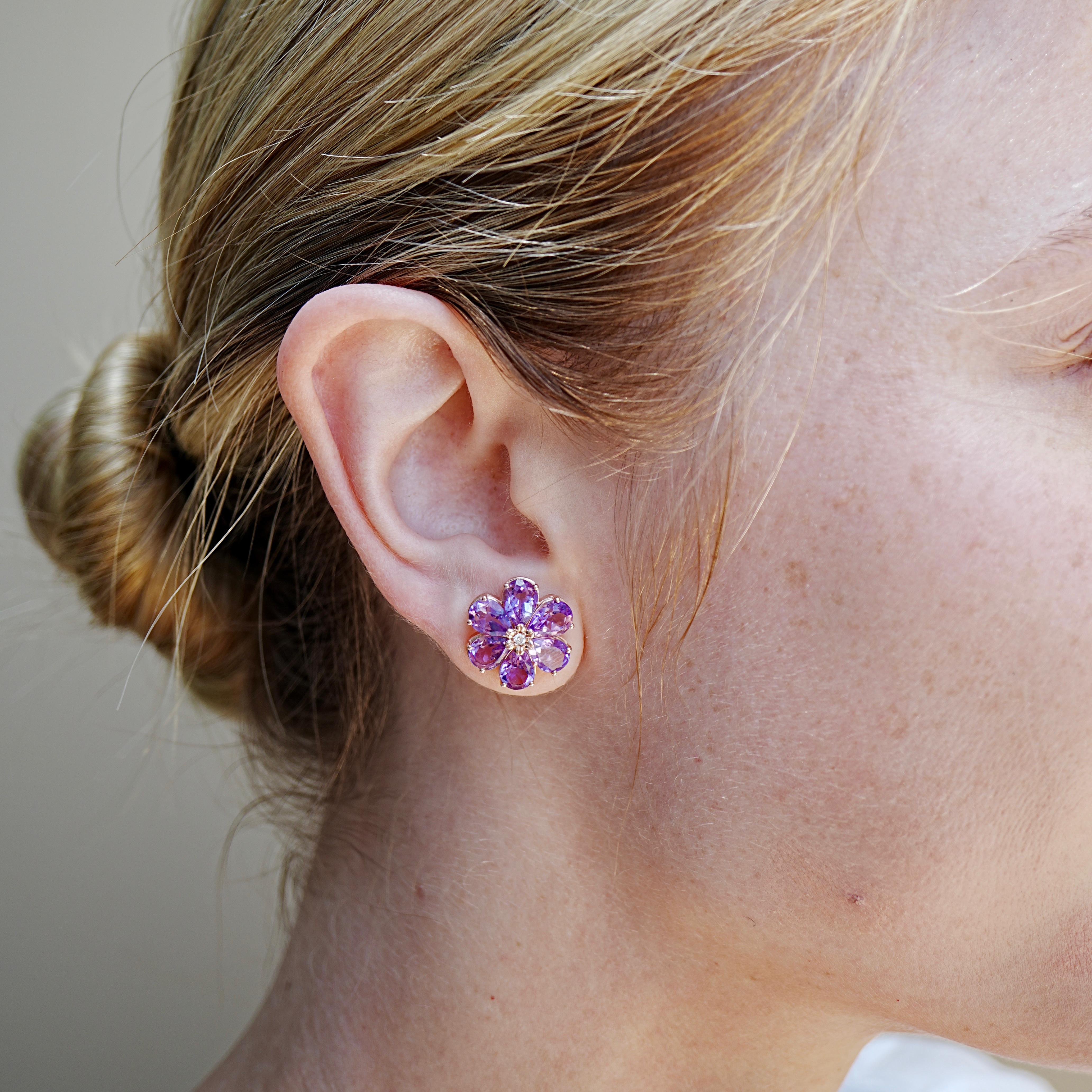 Boucles d'oreilles fleurs sauvages en or rose 14K de Nina Zhou avec améthyste et diamant de 7,85ctw Neuf - En vente à Rowland Heights, CA
