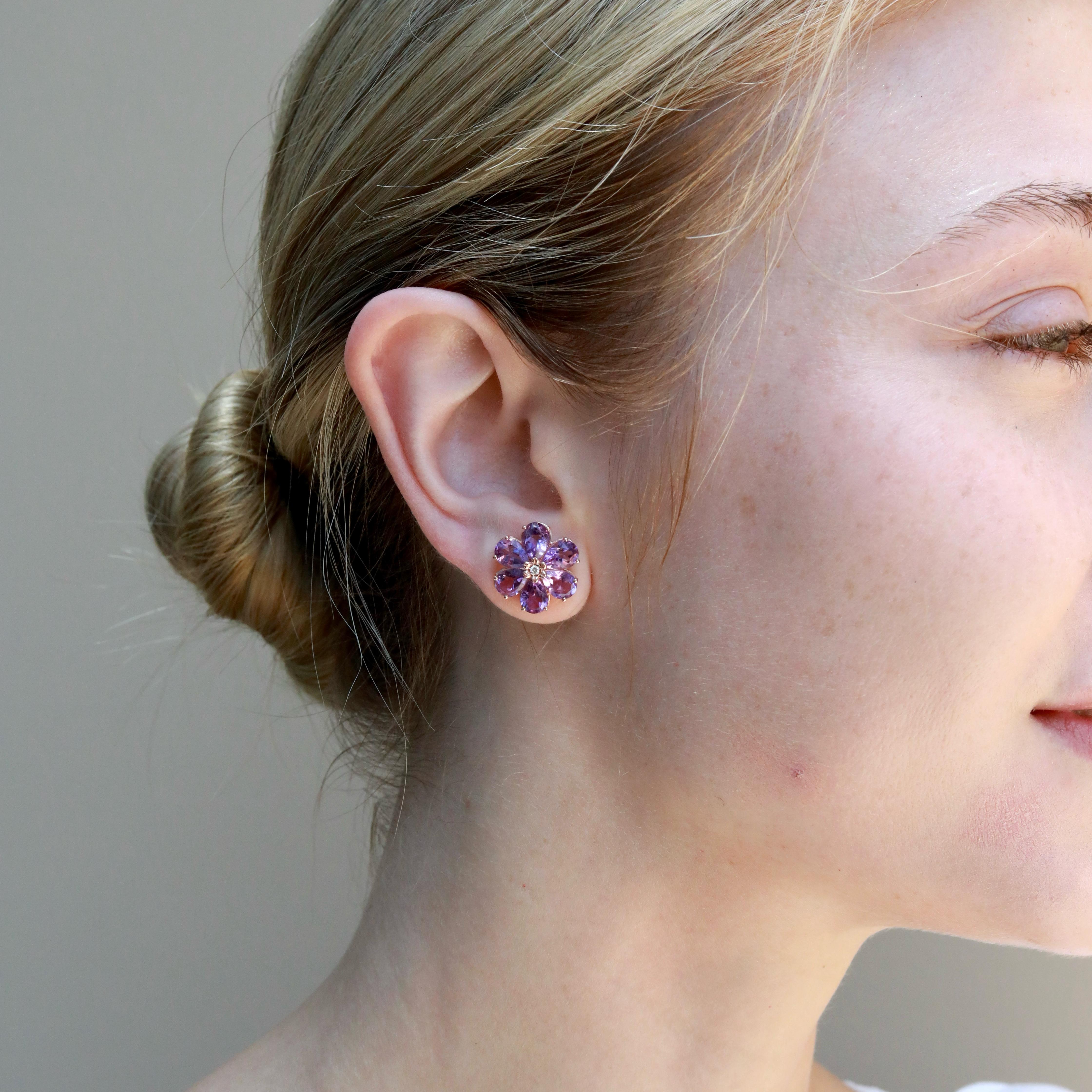 Boucles d'oreilles fleurs sauvages en or rose 14K de Nina Zhou avec améthyste et diamant de 7,85ctw Pour femmes en vente