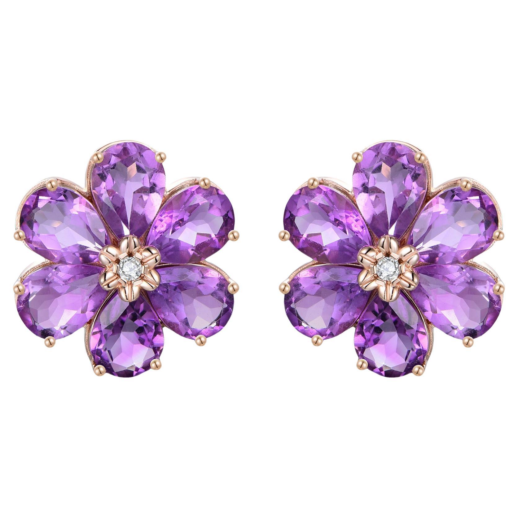 Boucles d'oreilles fleurs sauvages en or rose 14K de Nina Zhou avec améthyste et diamant de 7,85ctw en vente