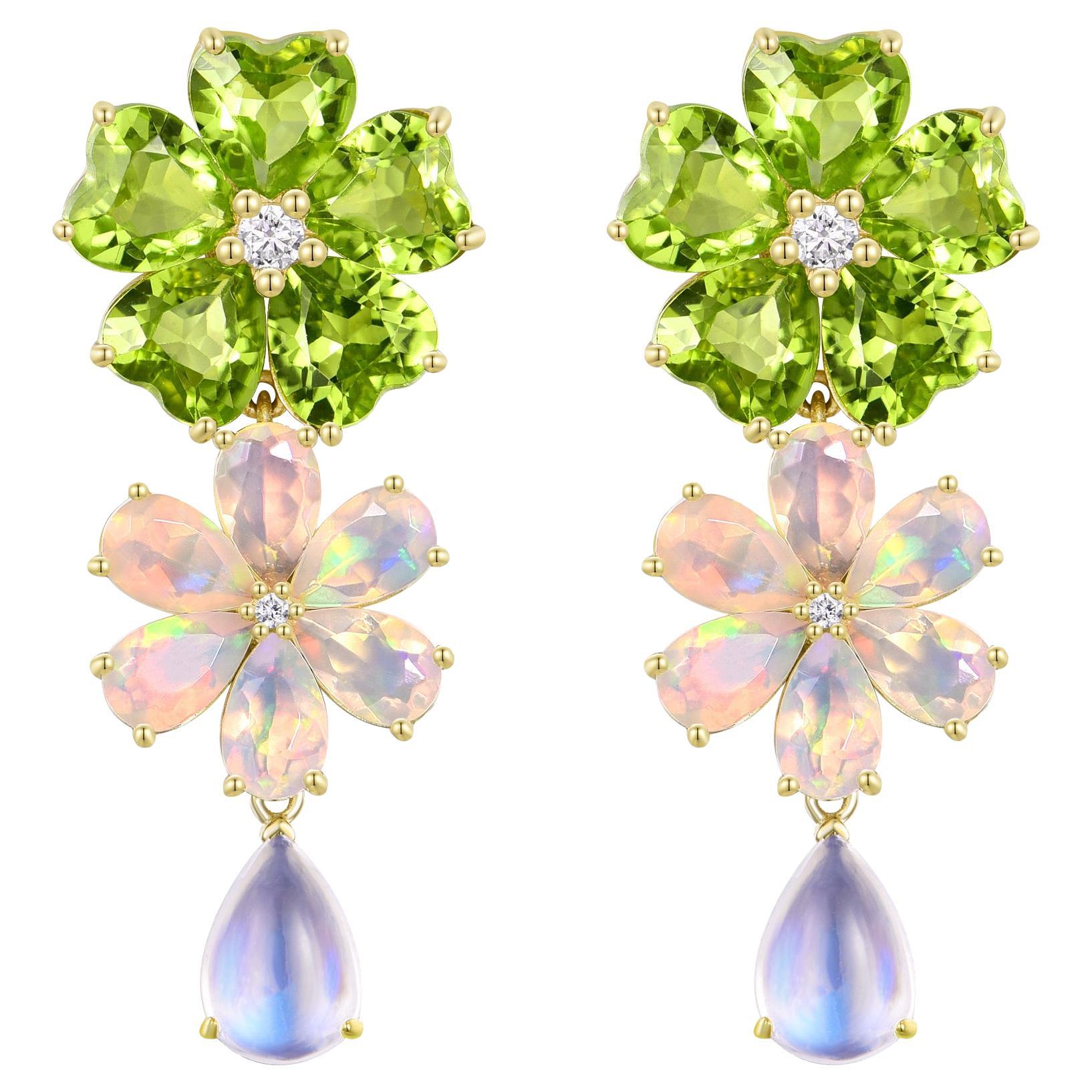 Nina Zhou 8.38ctw Island Blossoms Peridot Opal Diamond Moonstone Drop Earrings