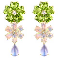 Nina Zhou 8.38ctw Island Blossoms Peridot Opal Diamond Moonstone Drop Earrings