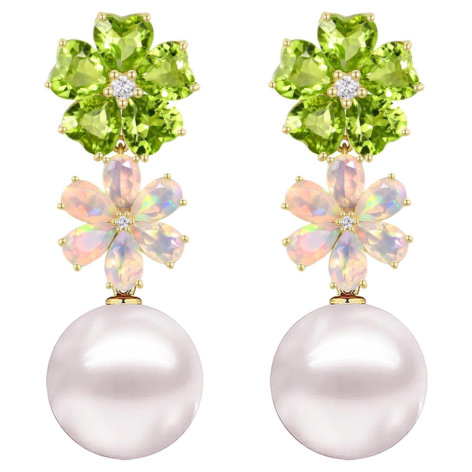 Nina Zhou 8.38ctw Island Blossoms Peridot, Opal, Diamond 
Pearl Drop Earrings