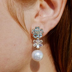 Nina Zhou 8,48ctw Blüten Aquamarin Mondstein Diamant Perle Tropfen Ohrringe