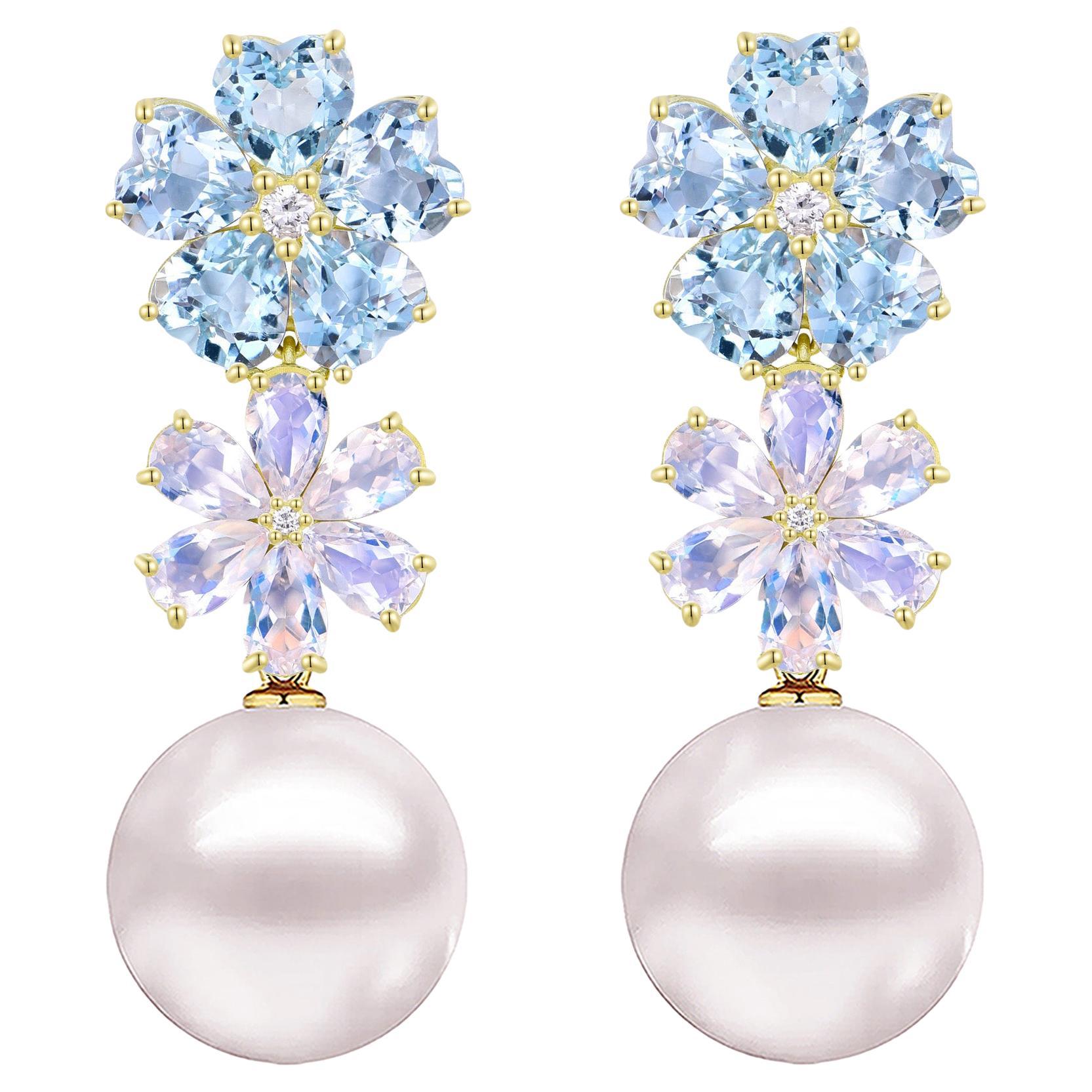 Nina Zhou 8,48ctw Blossoms Acquamarina Pietra di Luna Diamante Perla Orecchini a goccia