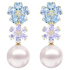 Nina Zhou 8,48ctw Blüten Aquamarin Mondstein Diamant Perle Tropfen Ohrringe