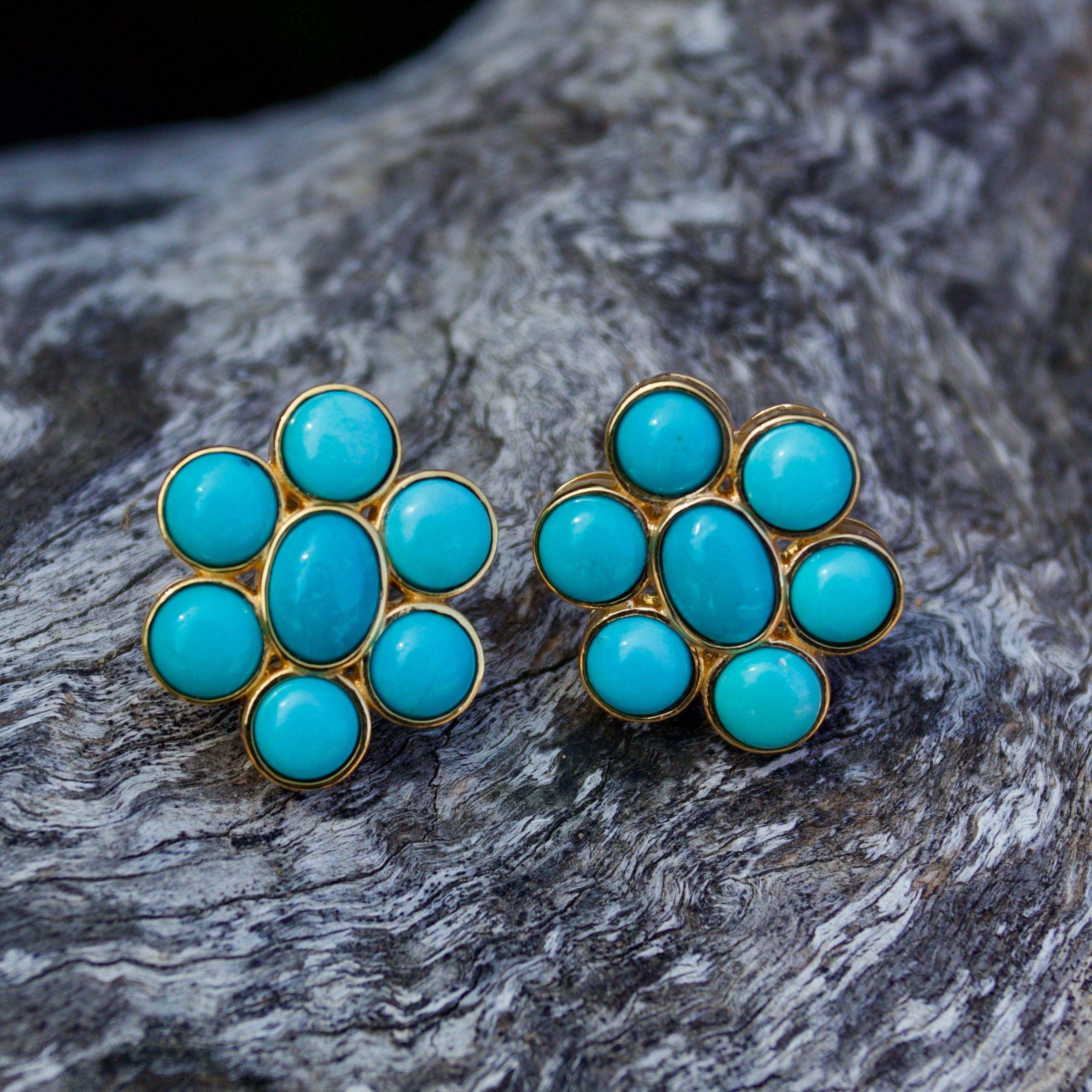 Oval Cut Nina Zhou 8ct Blue Turquoise Gemstone Cluster Earrings in 18k Yellow Gold For Sale