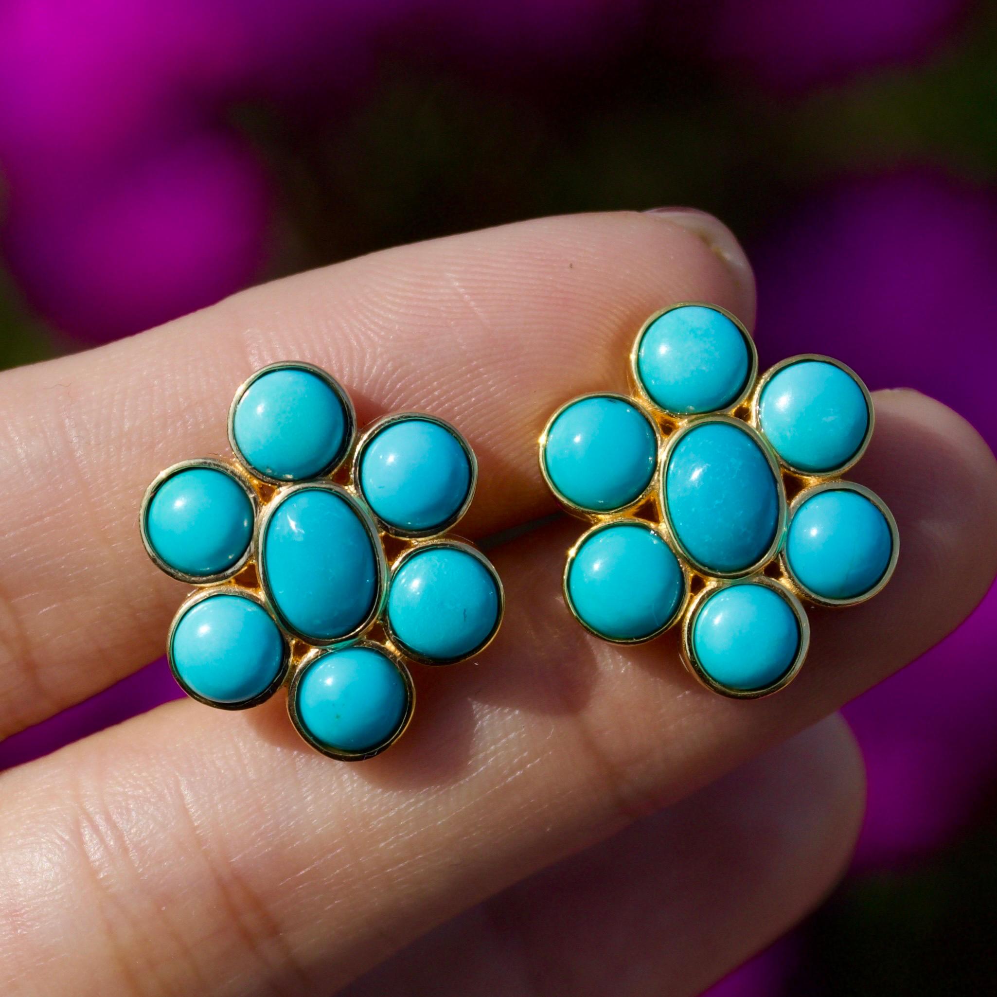 Nina Zhou 8ct Blue Turquoise Gemstone Cluster Earrings in 18k Yellow Gold In New Condition For Sale In Rowland Heights, CA