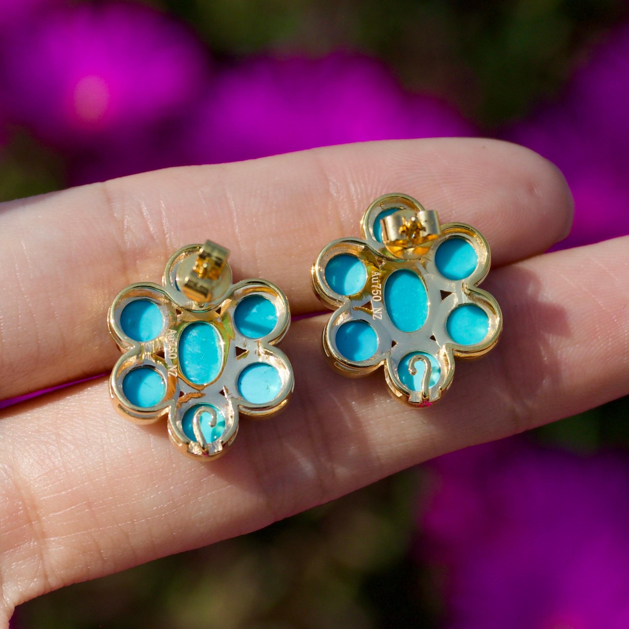 Nina Zhou 8ct Blue Turquoise Gemstone Cluster Earrings in 18k Yellow Gold For Sale 1
