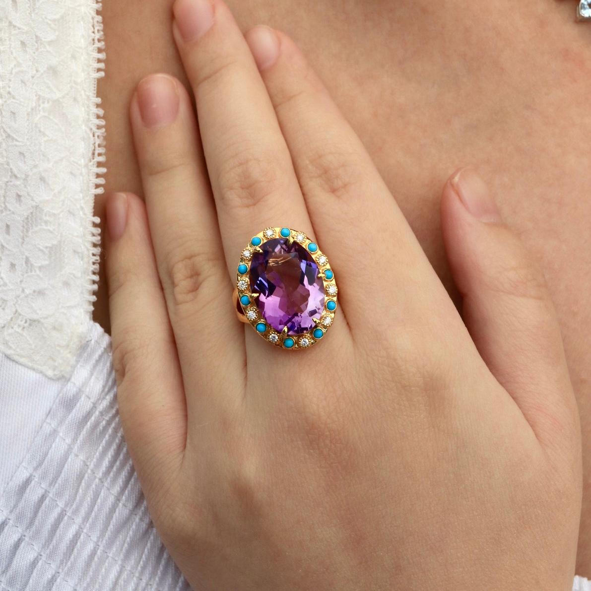 For Sale:  Nina Zhou Amethyst Turquoise Diamond Vintage-Style Cocktail Ring 2