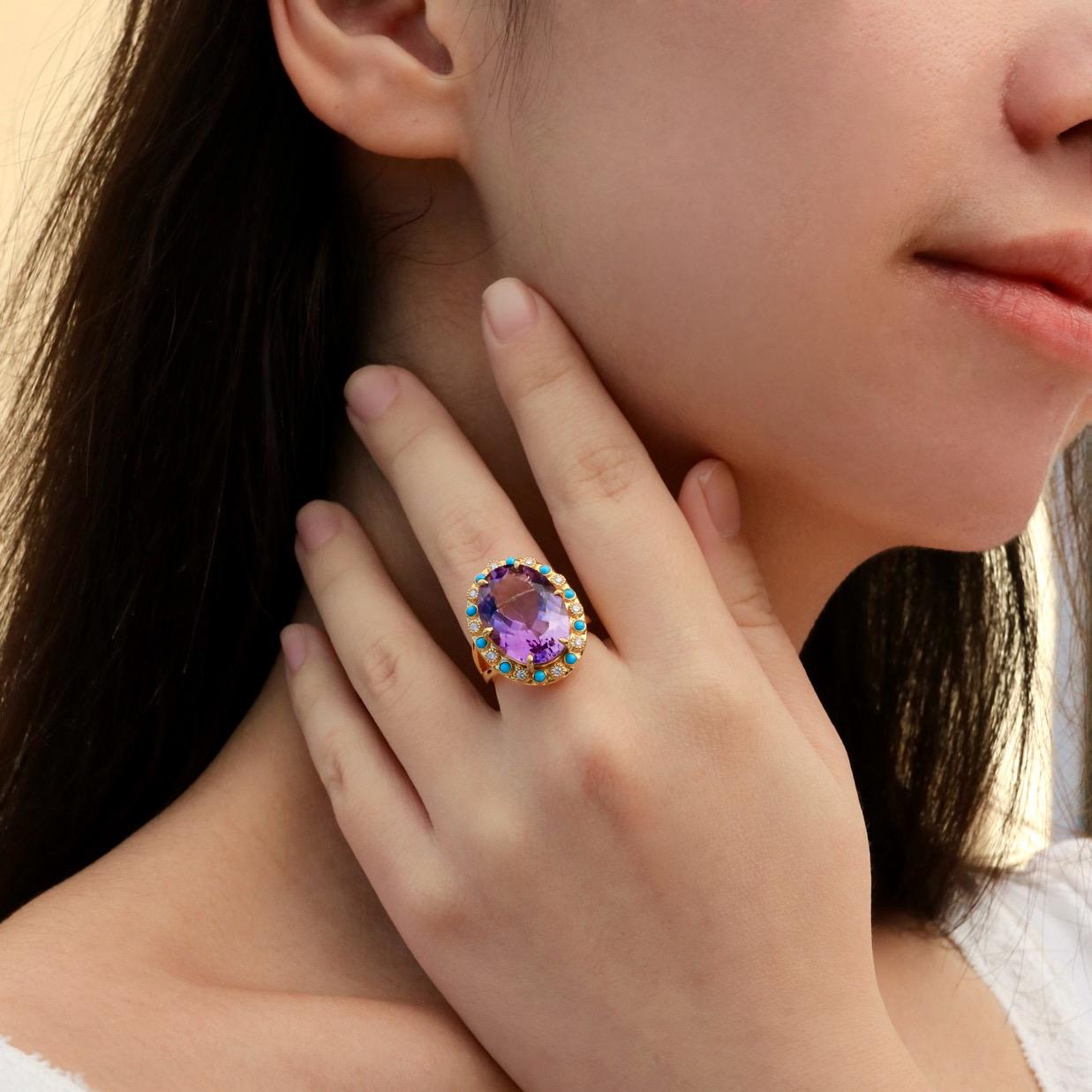 For Sale:  Nina Zhou Amethyst Turquoise Diamond Vintage-Style Cocktail Ring 4