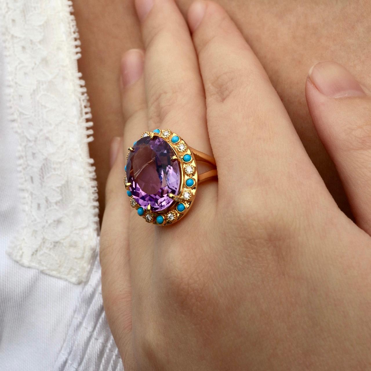 For Sale:  Nina Zhou Amethyst Turquoise Diamond Vintage-Style Cocktail Ring 6