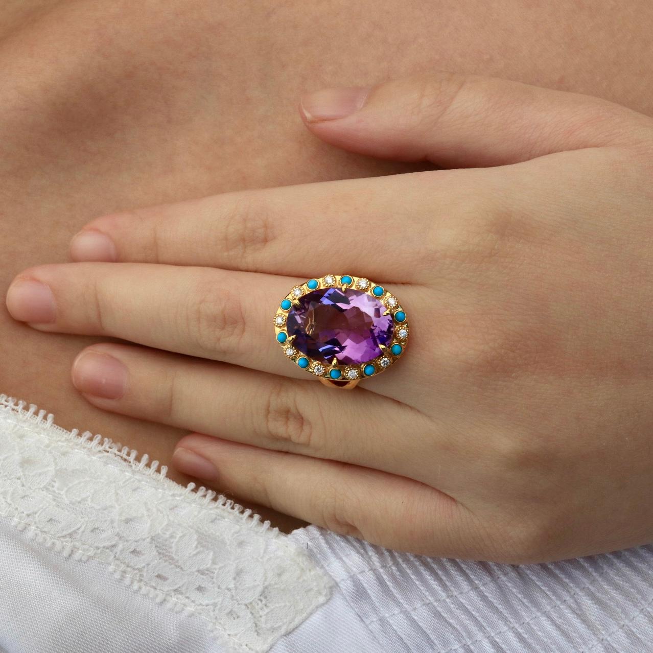 For Sale:  Nina Zhou Amethyst Turquoise Diamond Vintage-Style Cocktail Ring 7