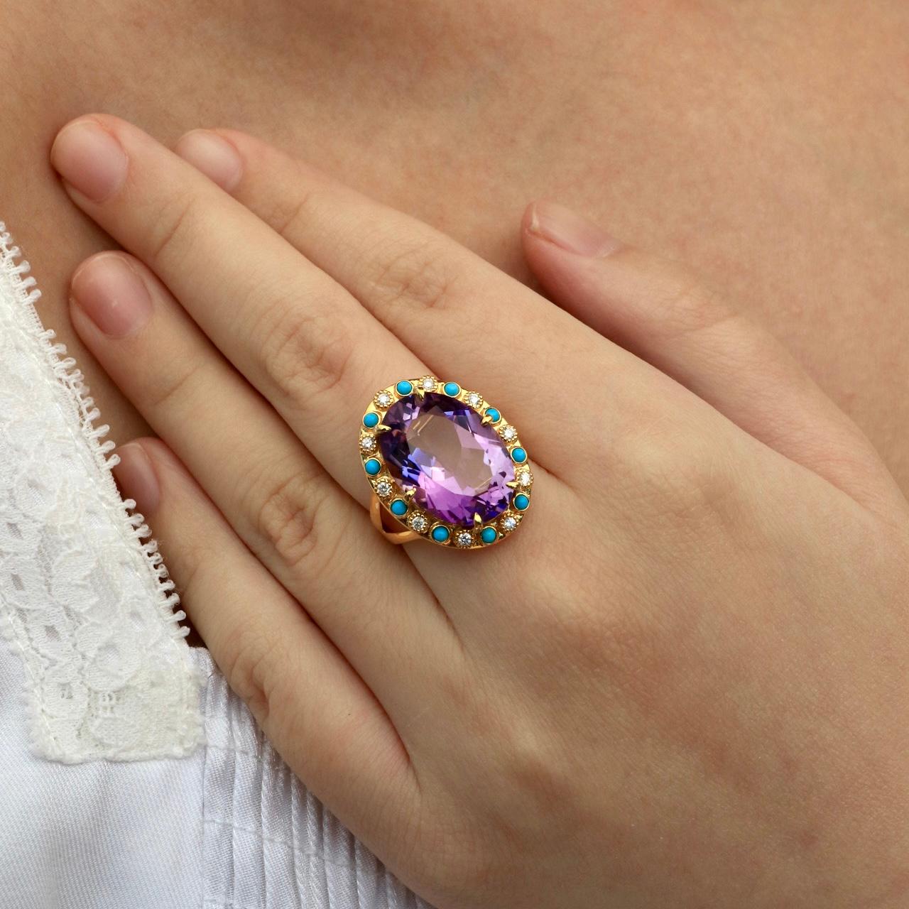 For Sale:  Nina Zhou Amethyst Turquoise Diamond Vintage-Style Cocktail Ring 8