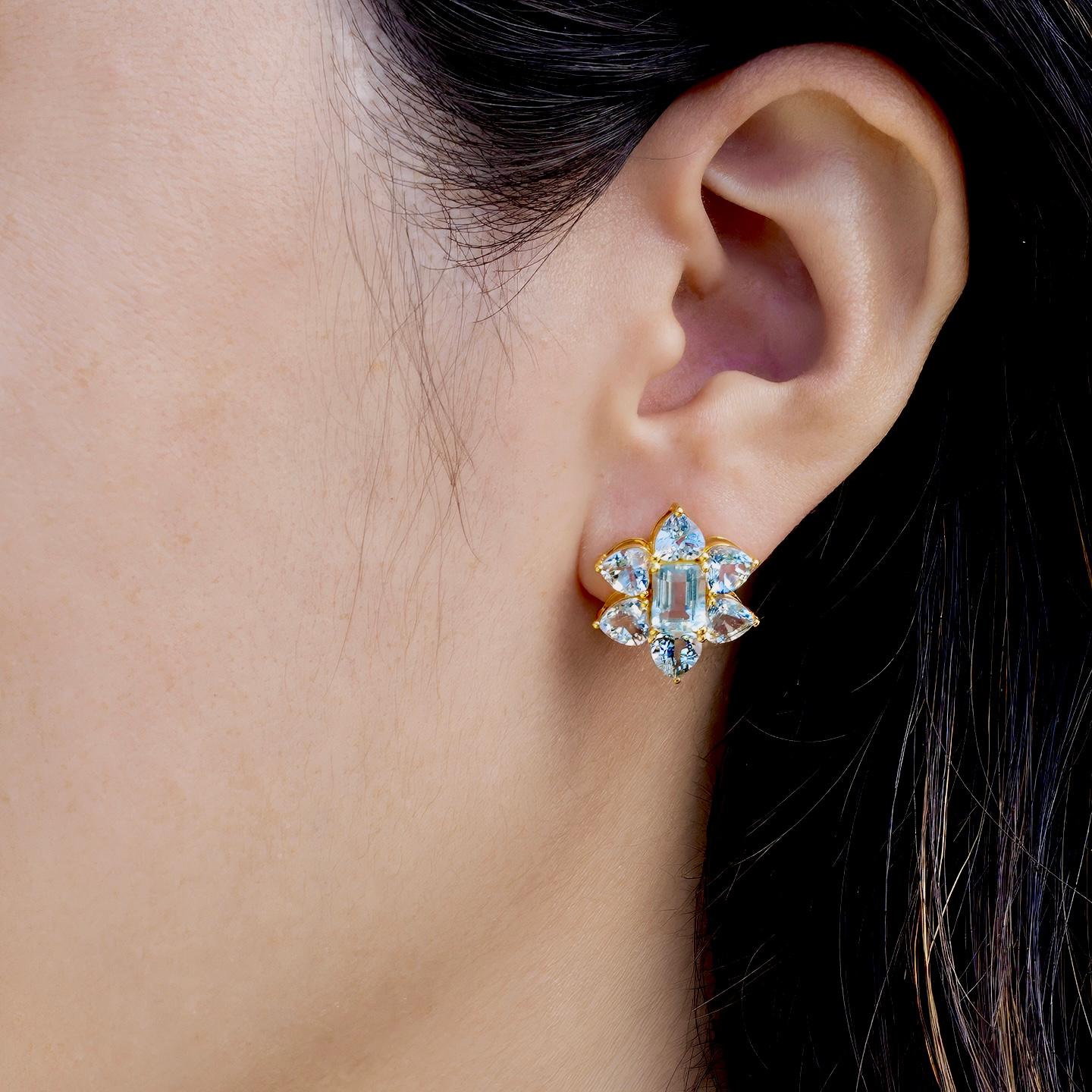 Emerald Cut Nina Zhou 7.20 ctw Aquamarine Cluster Earrings For Sale