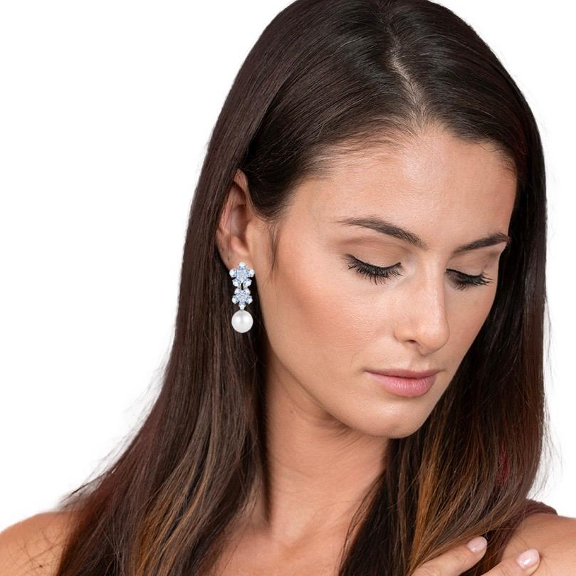 Pear Cut Nina Zhou Aquamarine Diamond Blossom and 12-13mm Pearl Convertible Drop Earrings For Sale
