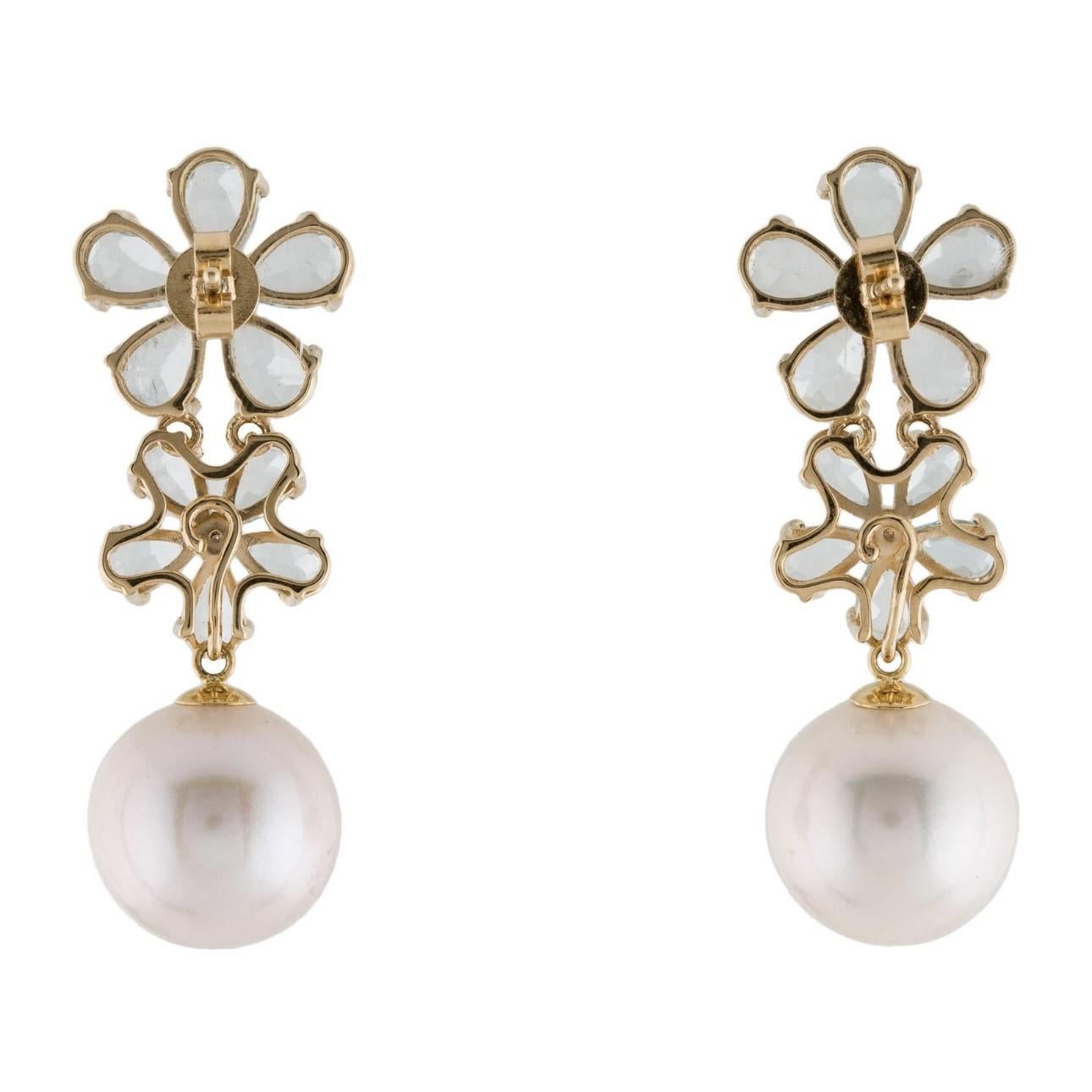 Women's Nina Zhou Aquamarine Diamond Blossom and 12-13mm Pearl Convertible Drop Earrings For Sale