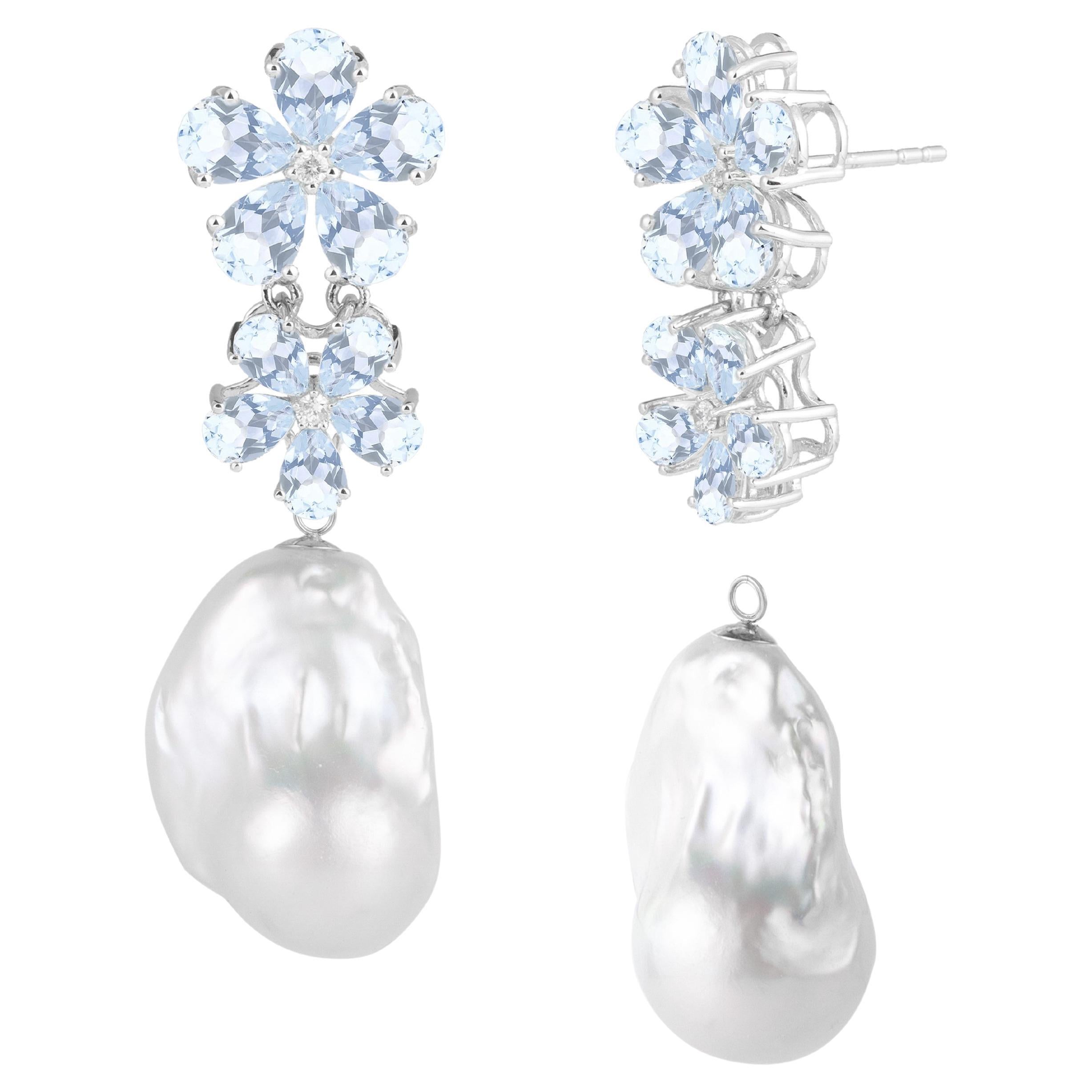 Nina Zhou Aquamarine Diamond Blossom Baroque Pearl Convertible Drop Earrings For Sale